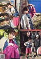 A collage of photos of a woman standing in front of a store.