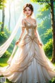 A woman in a wedding dress standing in the woods.