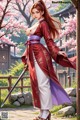 A woman in traditional attire holds a sword, standing amidst cherry blossoms and traditional architecture.